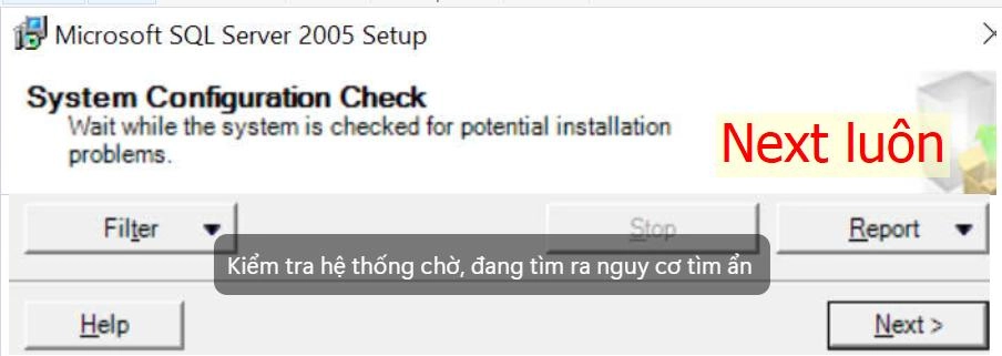 Bảng th&ocirc;ng b&aacute;o kiểm tra th&ocirc;ng tin SQL server 2005