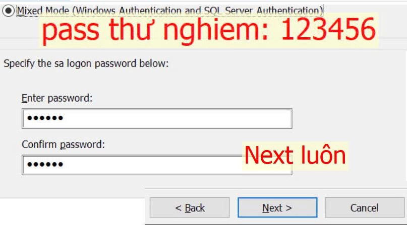 Đặt mật khẩu cho SQL server 2005 khi c&agrave;i đặt phần mềm mita pro 2024