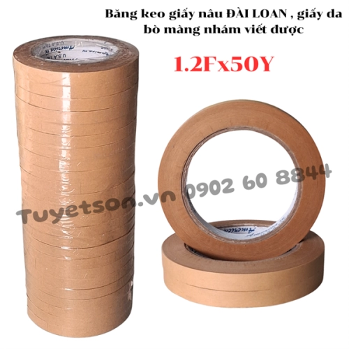 display Băng keo giấy nâu ĐÀI LOAN 1.2Fx50Y giấy da bò MÀNG NHÁM viết được 1