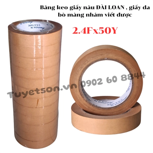 display Băng keo giấy nâu ĐÀI LOAN 2.4Fx50Y giấy da bò MÀNG NHÁM viết được 1