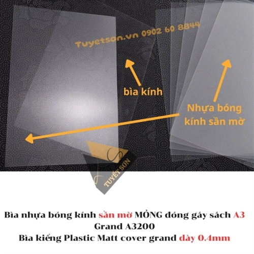 display Bìa nhựa bóng kính sần mờ MỎNG đóng gáy sách A3 Grand A3200 - Bìa kiếng Plastic Matt cover grand dày 0.4mm 1
