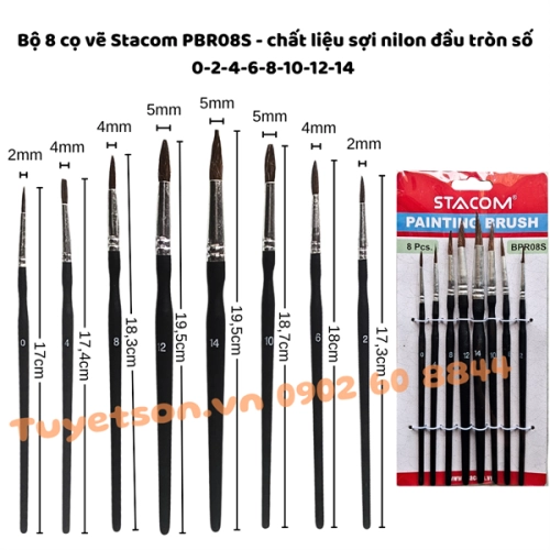 display Bộ 8 cọ vẽ Stacom PBR08S - chất liệu sợi nilon đầu tròn số 0-2-4-6-8-10-12-14 1