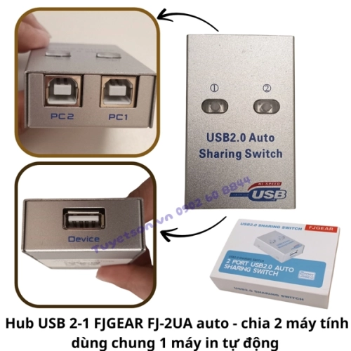 display Bộ HUB chia cổng USB 2-1 FJGEAR FJ-2UA 2 nút bấm - bộ chia máy in 2 máy tính dùng chung 1 máy in 1