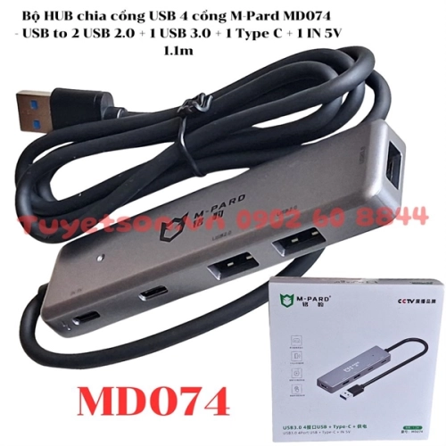 display Bộ HUB chia cổng USB 4 cổng M-Pard MD074 - USB to 2 USB 2.0 + 1 USB 3.0 + 1 Type C + 1 IN 5V 1.1m 1