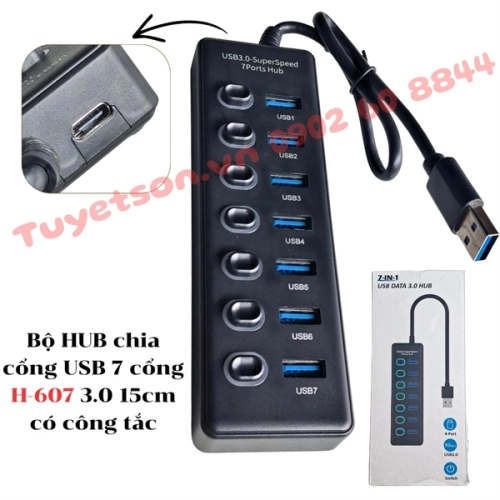 display Bộ HUB chia cổng USB 7 cổng H-607 3.0 15cm - có công tắc 1