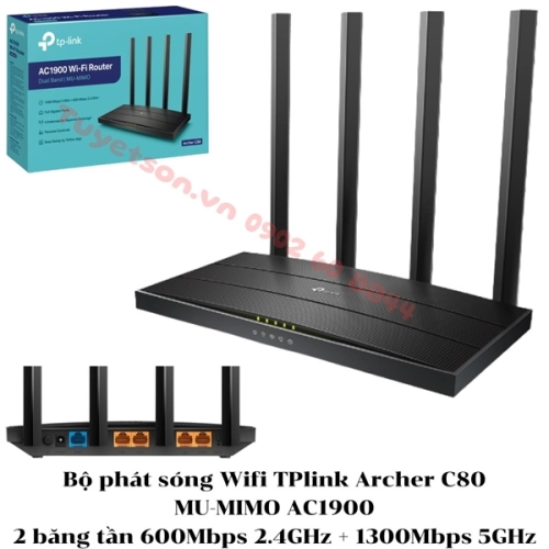 Bộ phát sóng Wifi TPlink Archer C80 MU-MIMO AC1900 2 băng tần 600Mbps 2.4GHz + 1300Mbps 5GHz