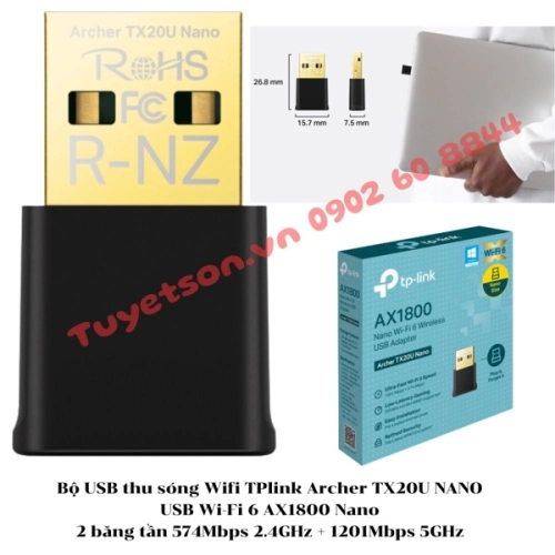 display Bộ USB thu sóng Wifi TPlink Archer TX20U NANO - USB Wi-Fi 6 AX1800 Nano 2 băng tần 574Mbps 2.4GHz + 1201Mbps 5GHz 1