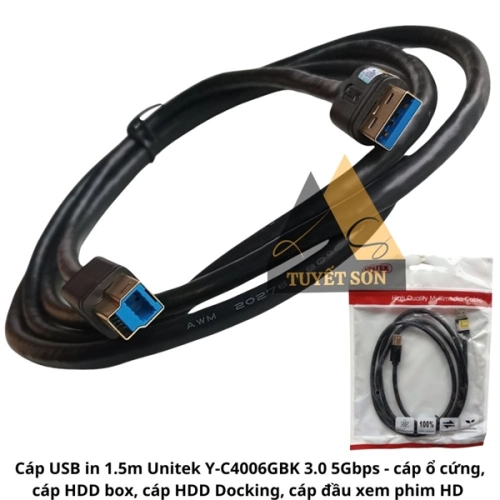Cáp USB in 1.5m Unitek Y-C4006GBK 3.0 5Gbps - cáp ổ cứng, cáp HDD box, cáp HDD Docking, cáp đầu xem phim HD