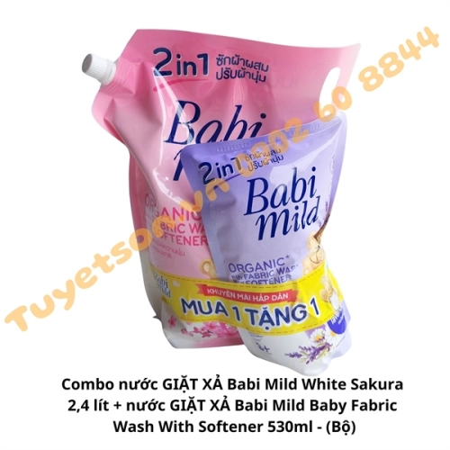 display Combo nước GIẶT XẢ Babi Mild White Sakura 2,4 lít + nước GIẶT XẢ Babi Mild Baby Fabric Wash With Softener 530ml 1
