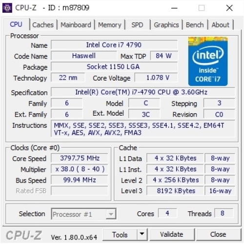 display CPU intel core I7 4790 (3.6GHz up to 4.0Ghz,4 Core, 8 Threads, 8Mb) 3