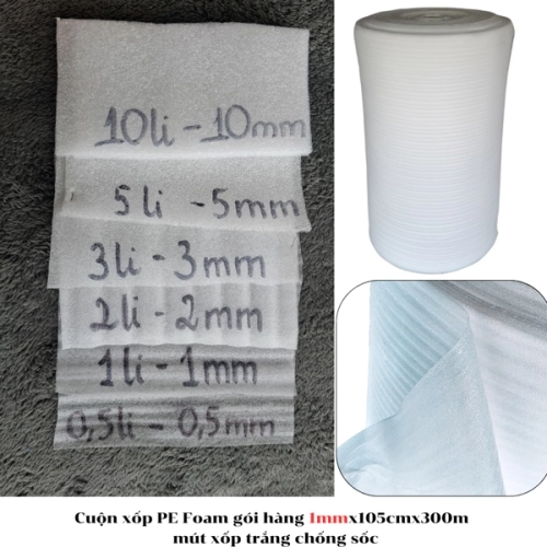 display Cuộn xốp PE Foam gói hàng 1mmx105cmx300m - mút xốp trắng chống sốc 1