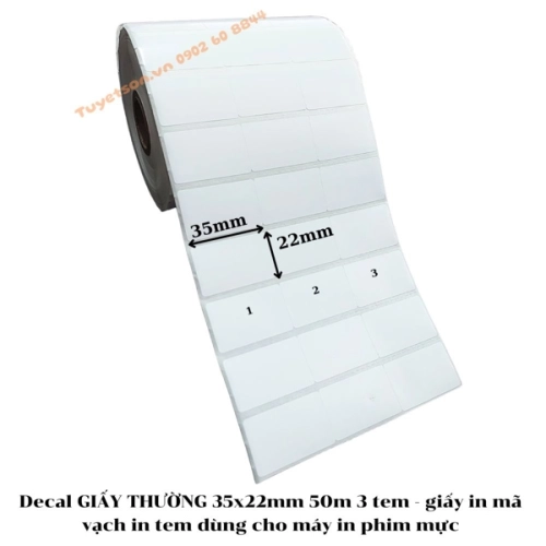 display Decal GIẤY THƯỜNG 35x22mm 50m 3 tem - giấy in mã vạch in tem dùng cho máy in phim mực 1