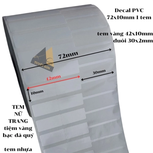 display Decal PVC 72x10mm 1 tem - tem nữ trang tiệm vàng bạc đá quý tem nhựa 42x10mm đuôi 30mm 1