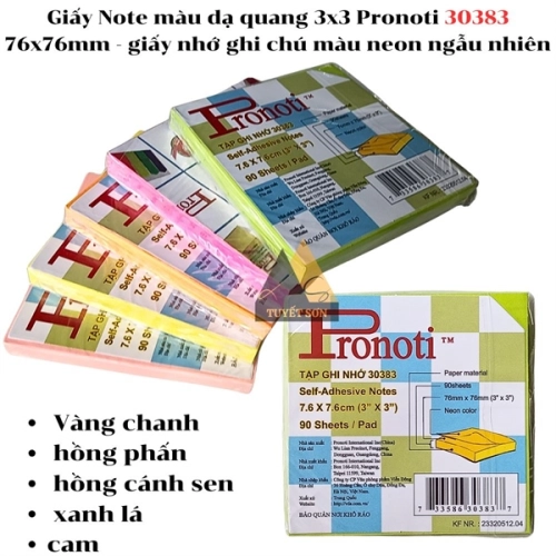 display Giấy Note màu dạ quang 3x3 Pronoti 30383 76x76mm - giấy nhớ ghi chú màu neon ngẫu nhiên 1