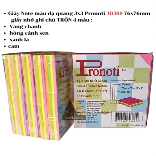 display Giấy Note màu dạ quang 3x3 Pronoti 30388 76x76mm - giấy nhớ ghi chú TRỘN 4 màu 1