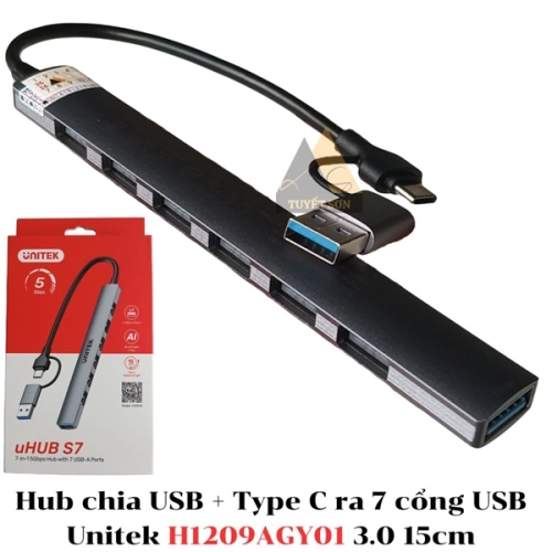 display Hub chia USB + Type C ra 7 cổng USB Unitek H1209AGY01 3.0 15cm 1