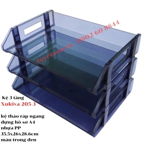 display Kệ 3 tầng Xukiva 205-3 - kệ tháo ráp NGANG đựng hồ sơ A4 nhựa PP 35.5x26x28.6cm màu trong đen 1