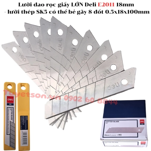 display Lưỡi dao rọc giấy LỚN Deli E2011 18mm - lưỡi thép SK5 có thể bẻ gãy 8 đốt 0.5x18x100mm 1