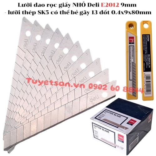 display Lưỡi dao rọc giấy NHỎ Deli E2012 9mm - lưỡi thép SK5 có thể bẻ gãy 13 đốt 0.4x9x80mm 1
