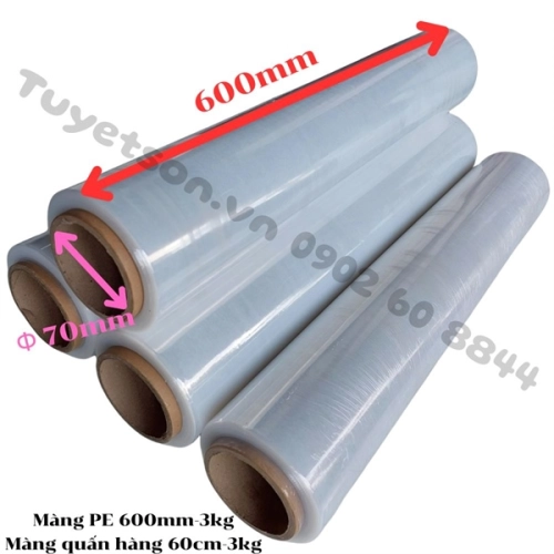 display Màng PE 600mm 3kg PHI LỚN 7.5cm - Màng quấn hàng 60cm 3kg 1