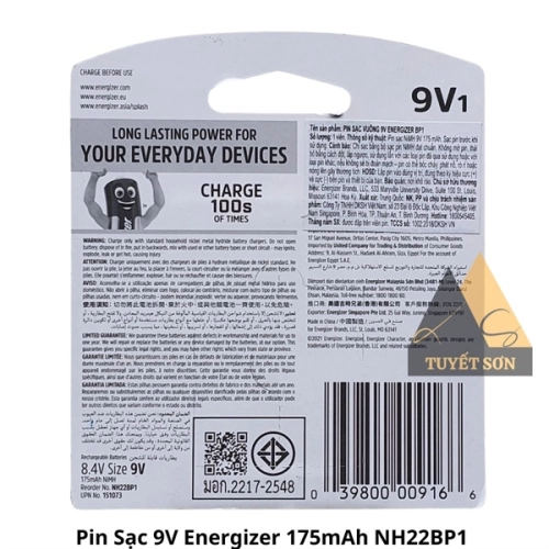 display Pin Sạc 9V Energizer 175mAh NH22BP1 2