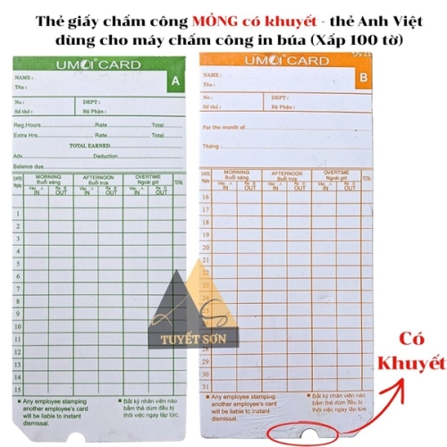 display Thẻ giấy chấm công MỎNG có khuyết - thẻ Anh Việt dùng cho máy chấm công in búa 1