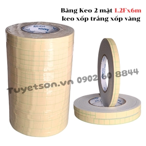 Băng keo 2 mặt 1.2Fx6m keo xốp trắng xốp vàng