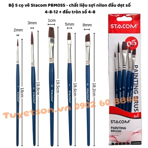Bộ 5 cọ vẽ Stacom PBM05S - chất liệu sợi nilon đầu dẹt số 4-8-12 + đầu tròn số 4-8