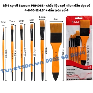Bộ 6 cọ vẽ Stacom PBM06S - chất liệu sợi nilon đầu dẹt số 4-8-10-12-1.5” + đầu tròn số 4