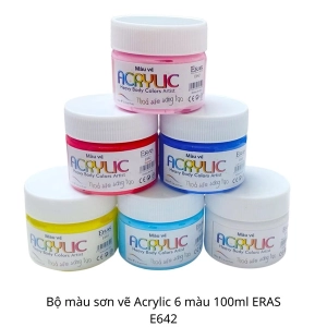 Bộ màu sơn vẽ Acrylic 6 màu 100ml ERAS E642 - vẽ lên tường, áo, giày, ly thủy tinh, giấy