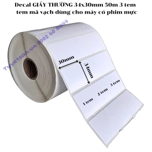 Decal GIẤY THƯỜNG 34x30mm 50m 3 tem - tem mã vạch dùng cho máy có phim mực