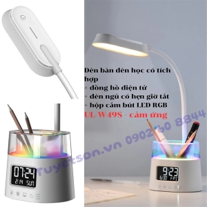 Đèn bàn đèn học có tích hợp đồng hồ điện tử + đèn ngủ có hẹn giờ tắt + hộp cắm bút LED RGB UL-W49S cảm ứng