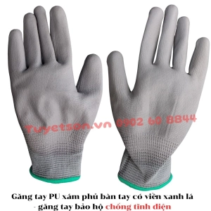 Găng tay PU xám phủ bàn tay có viền xanh lá - găng tay bảo hộ chống tĩnh điện