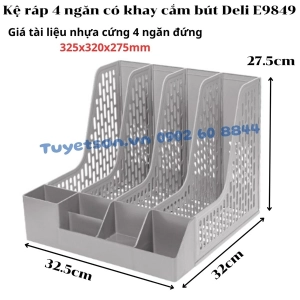 Kệ ráp 4 ngăn có khay cắm bút Deli E9849 - Giá tài liệu nhựa cứng 4 ngăn đứng 325x320x275mm