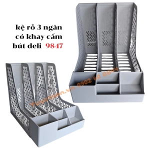 Kệ rỗ 3 ngăn có khay cắm bút Deli E9847 - kệ ráp giá đựng tài liệu nhựa cứng 3 ngăn đứng 253x320x275mm