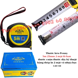 Thước kéo Penny 5m 25mm 2 mặt lỗ ban - thước cuộn thước dây kỹ thuật bằng thép in 2 mặt vỏ nhựa bọc cao su