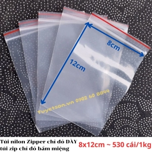 Túi nilon Zipper chỉ đỏ DÀY, túi zip chỉ đỏ bấm miệng 7 zem
