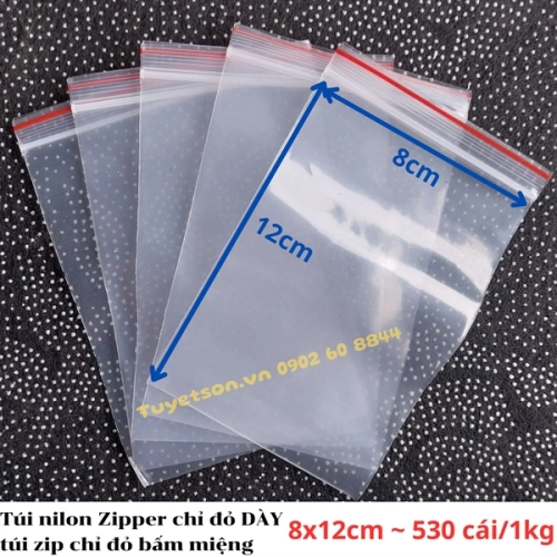 display Túi nilon Zipper chỉ đỏ DÀY, túi zip chỉ đỏ bấm miệng 7 zem 1
