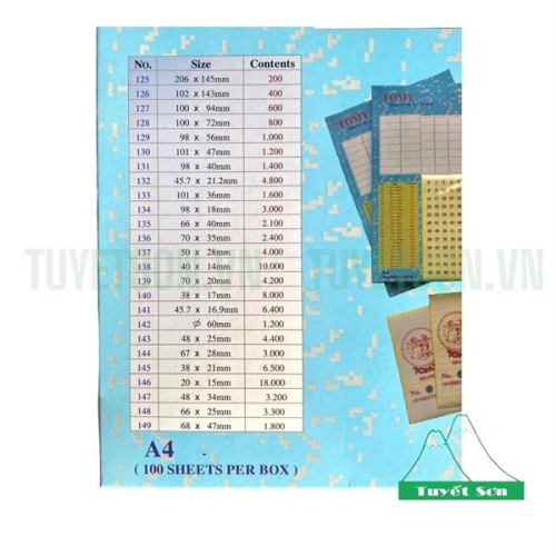 Giấy Decal TOMY A4 - Đề can hộp A4 số 125 đến 149