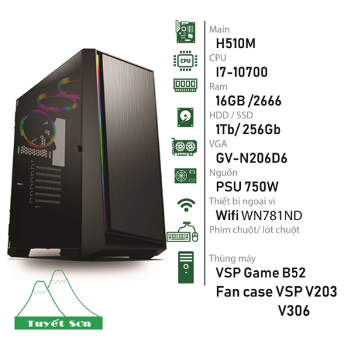 Bộ máy vi tính Bàn H510M/ I7-10700/ 16Gb/2666/ 1TB/ 256GB/ GV-N2060D6-6GD