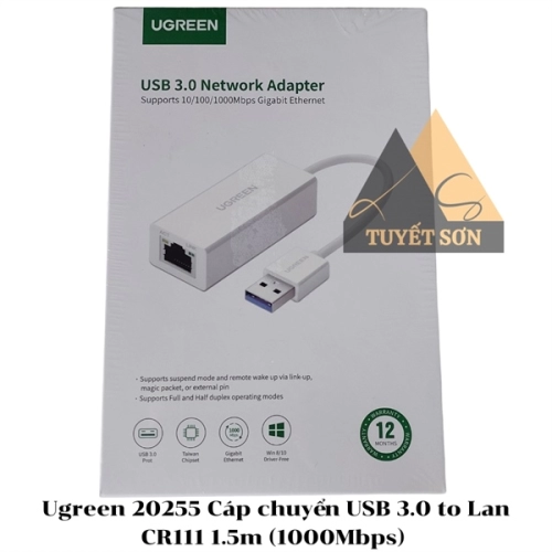 display Ugreen 20255 Cáp chuyển USB 3.0 to Lan CR111 1.5m (1000Mbps) 2
