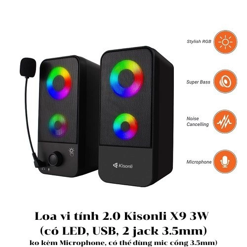 Loa vi tính 2.0 Kisonli X9 3W có LED, USB, 2 jack 3.5mm