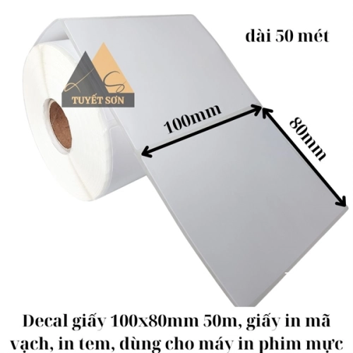 Decal giấy 100x80mm 50m, giấy in mã vạch, in tem, dùng cho máy in phim mực