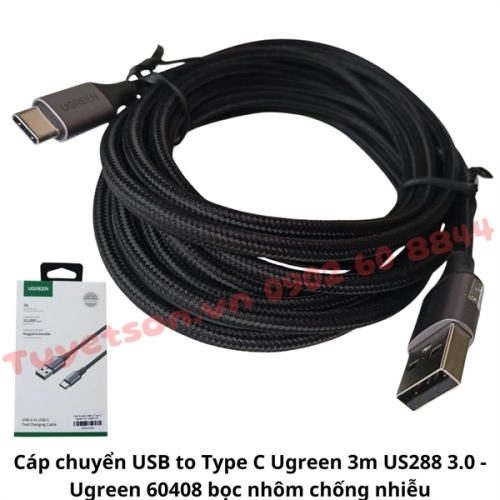 Cáp chuyển USB to Type C Ugreen 3m US288 3.0 - Ugreen 60408 bọc nhôm chống nhiễu