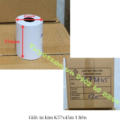 Giấy in kim K57x45m 1 liên trắng - 60gsm dùng cho máy tính tiền in kim có phim mực