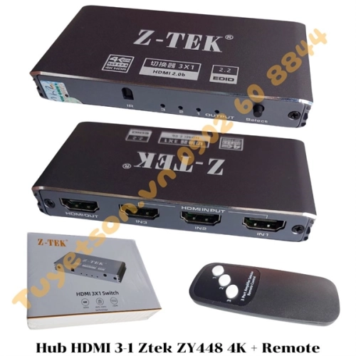 Hub HDMI 3-1 Ztek ZY448 4K + Remote - Switch Bộ chia cổng HDMI