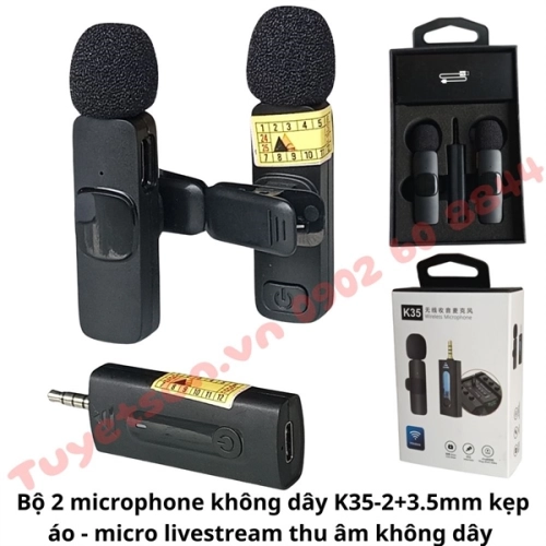 Bộ 2 microphone không dây K35-2+3.5mm kẹp áo - micro livestream thu âm không dây