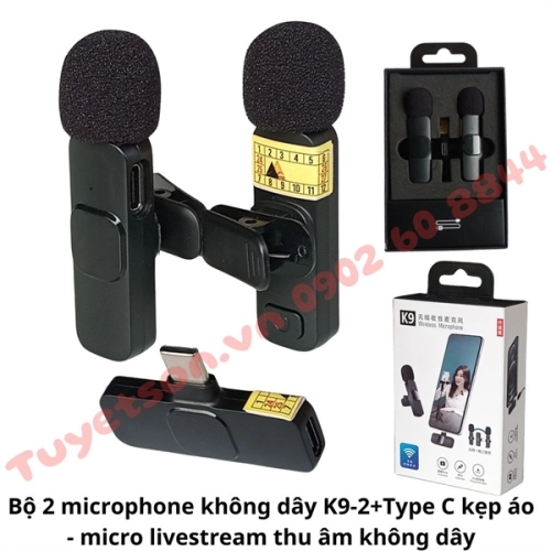 Bộ 2 microphone không dây K9-2+Type C kẹp áo - micro livestream thu âm không dây