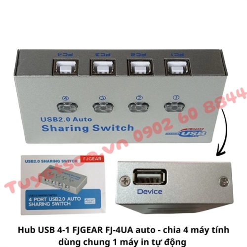 Bộ HUB chia cổng USB 4-1 FJGEAR FJ-4UA auto - chia 4 máy tính dùng chung 1 máy in