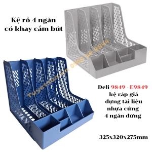 Kệ rỗ 4 ngăn có khay cắm bút Deli 9849 - E9849 kệ ráp giá đựng tài liệu nhựa cứng 4 ngăn đứng 325x320x275mm
